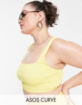 Asos Design Curve Mix And Match Crinkle Square Neck Bikini Top In Yellow Asos