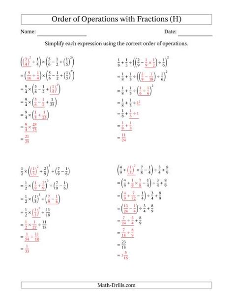 Order Of Operations With Positive Fractions Six Steps H