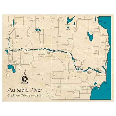 au sable river michigan  custom wood map lake art llc