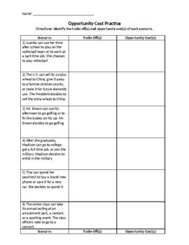 Trade Off Opportunity Cost Practice Worksheet WITH KEY Worksheets