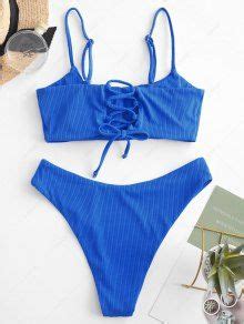 Zaful Lace Up Ribbed High Leg Bikini Swimsuit In Ocean Blue Zaful