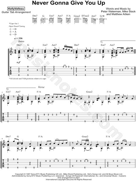 Kelly Valleau Never Gonna Give You Up Guitar Tab In C Major Download And Print Sku Mn0238956