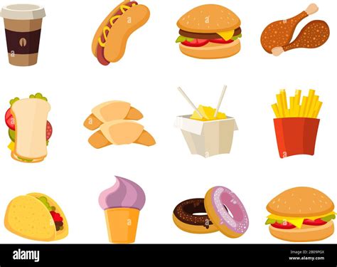 Colección De Comida Rápida De Dibujos Animados Vectoriales Menú Con