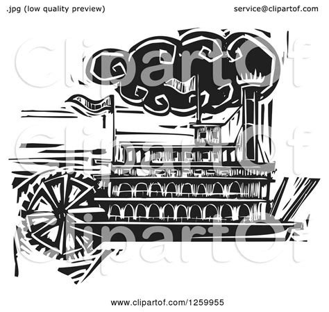 Clipart of a Black and White Woodcut Steamboat - Royalty Free Vector ...