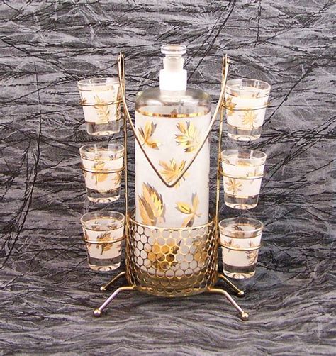 Vintage Liquor Decanter Set Libbey Starlyte Frosted Gold Glass Etsy Liquor Decanter Set