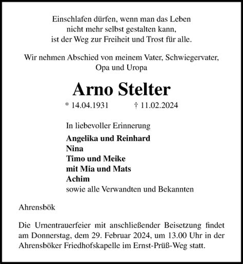 Traueranzeigen Von Arno Stelter Trauer Anzeigen De