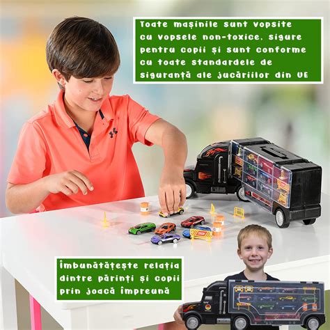 Set Camion Trailer De Jucarie Pentru Transport Masinute De Curse Tip Hot Wheels Din Metal Si