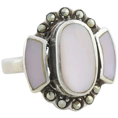 Sterling Silver Pink Mother Of Pearl And Marcasite Ring Size