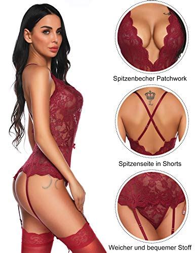 Women Sexy Lace Bodysuit Halter Open Back Teddy Lingerie Set Wine Red L Pricepulse