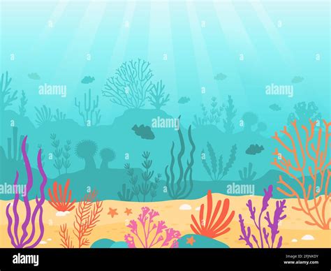 Underwater background. Cartoon seascape with coral reef, sand, seaweed ...