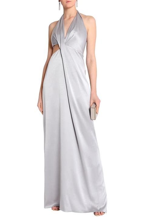 Halston Woman Cutout Metallic Washed Satin Halterneck Gown Silver Lyst