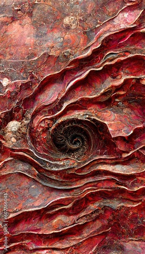 Fossilized Ammonite Sea Shell Spirals Embedded Into Dark Scarlet Red