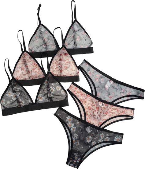 Beaudrm Women S Pack Floral Print Mesh Lingerie Set Wireless Low Rise Sheer Matching Bra And