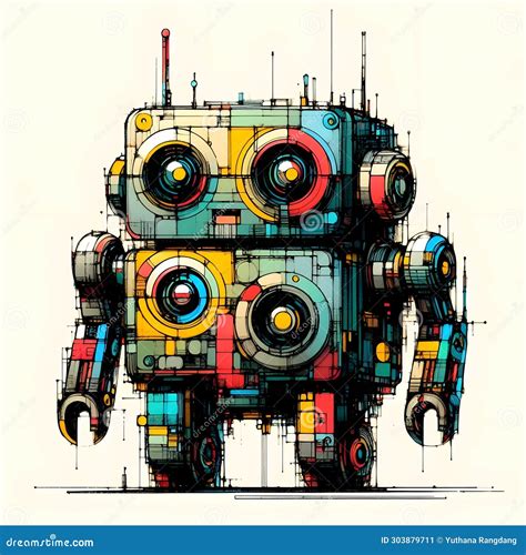 Minimalist Painting Of Sci Fi Cute Robot Pen And Ink Sketch Stock