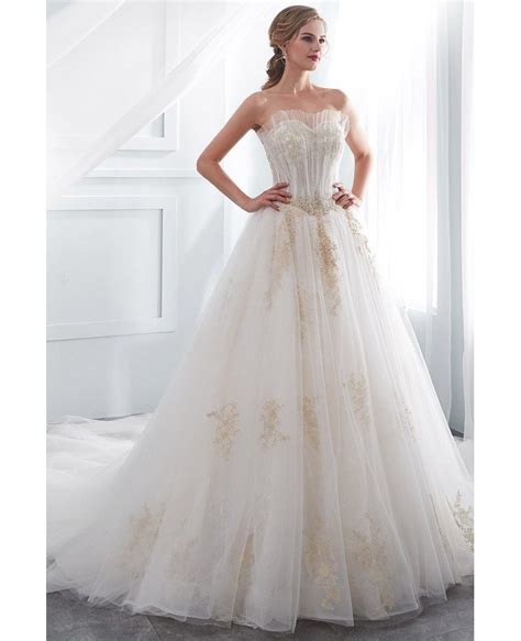 Strapless Lace Tulle Ball Gown Wedding Dress With Gold Applique E