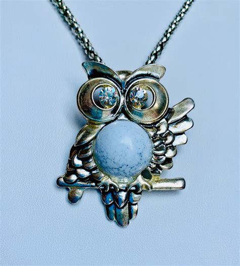 Vintage Silver Tone Owl Pendant Necklace With Faux Marble And Etsy