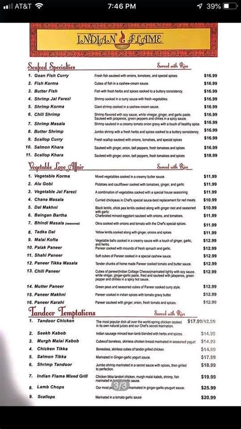 Menu at Indian Flame Restaurant, Cleveland