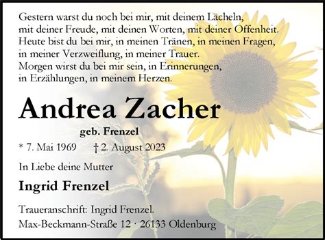 Traueranzeigen Von Andrea Zacher Nordwest Trauer De