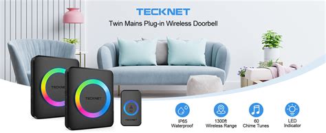 TECKNET Wireless Doorbell Doorbell IP65 Waterproof Twin Wall Plug In