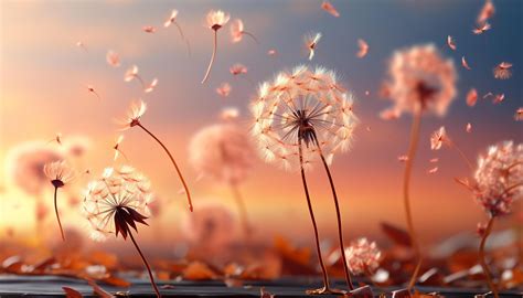 AI Generated Fluffy Dandelion Seed In Sunset Nature Abstract Beauty