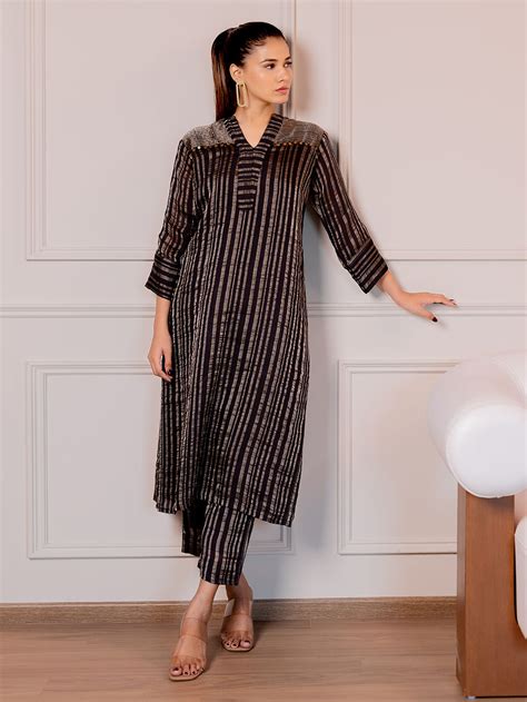 black woven striped chanderi silk kurta  slip  pants set