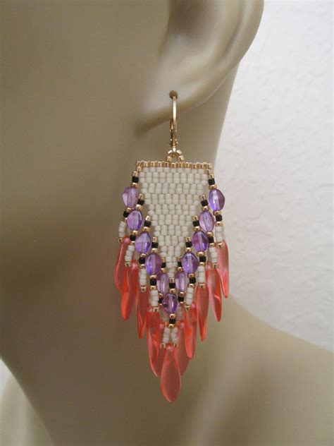 Seed Bead Bead Woven Glass Fringe Earrings Coralpurple Etsy