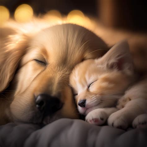 Premium Photo | A kitten and a baby golden retriever sleep together