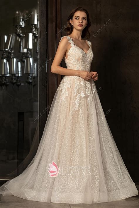Sequin Lace Tulle Nude Pink Destination Wedding Dress Lunss