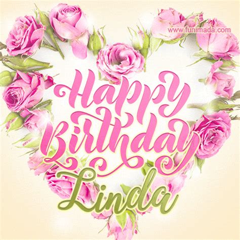 Pink Rose Heart Shaped Bouquet Happy Birthday Card For Linda