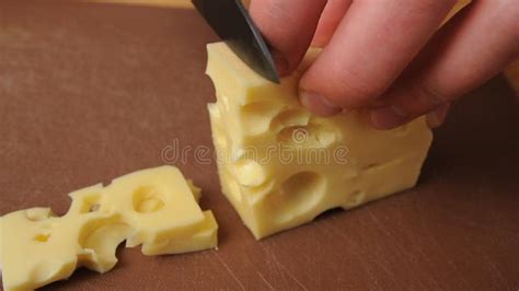 Slicing Cheese Into Pieces Closeup Stock Video Video Of Dairy