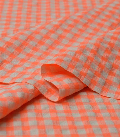 Tissu Seersucker Vichy Orange Fluo