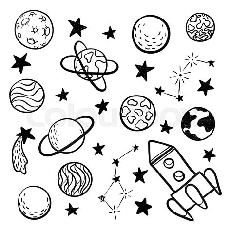 big set of hand drawn doodle space elements space, rocket, star, planet, space probes black and ...