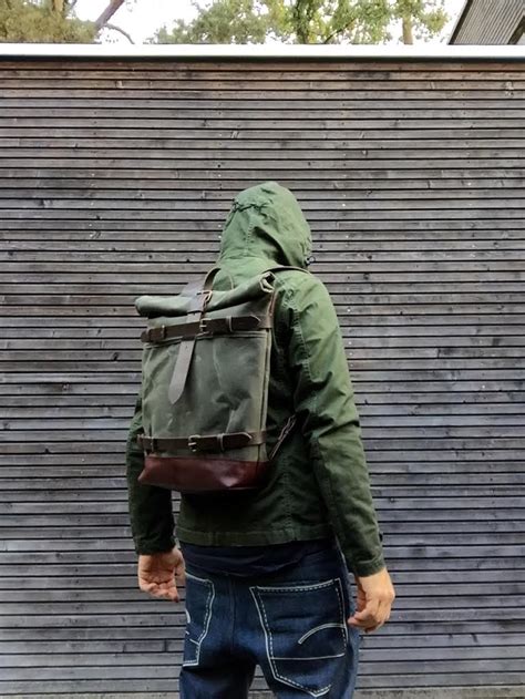 Backpack with skateboard attachment, skateboard backpack in waxed canvas and leather | Treesizeverse