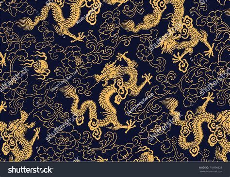 Chinese Traditional Golden Dragon Peony Pattern Stock Vector (Royalty ...