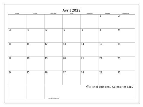 Calendrier avril 2023 à imprimer 444LD Michel Zbinden LU