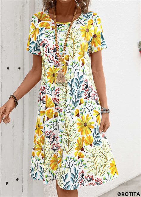 Pocket Floral Print Yellow Round Neck Short Sleeve Dress Rotita