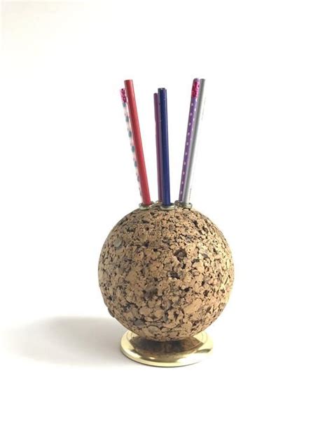 Mid Century Cork Ball Desk Organizer And Pen Holder Etsy Desk Organization Pen Holders