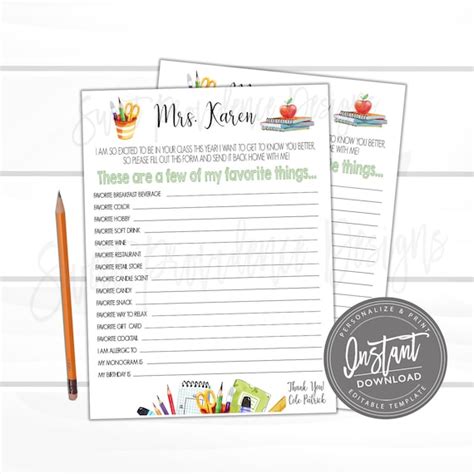 Teachers Favorite Things Printable Teacher Questionnaire Survey Few