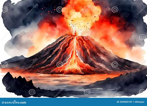 Watercolor Illustration Of A Volcanic Eruption Mountain At Night Stock