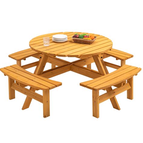 8 Person Round Picnic Table With 4 Benches Fir Wood Outdoor Camping