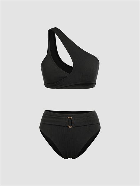 Rib Asymmetrical Neck Bikini Swimsuit Cider