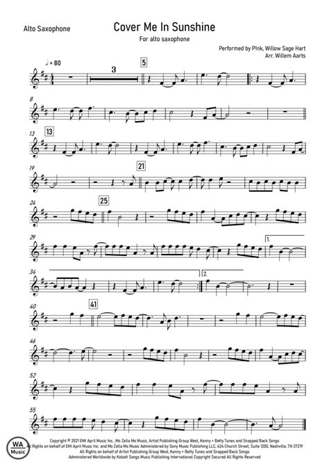 Cover Me In Sunshine Arr Willem Aarts By P Nk And Willow Sage Hart Sheet Music For Alto Sax