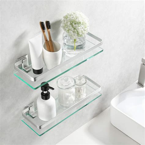 Kes Bathroom Glass Shelf Aluminum Tempered Glass 8mm Extra Thick 2 Pack Rectangular 1 Tier