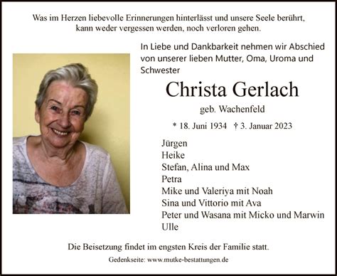 Traueranzeigen Von Christa Gerlach Trauer Hna De