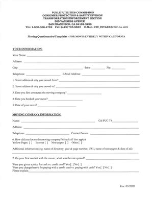 Fillable Online Cpuc Ca Moving Questionnaire Complaint Form Pdf