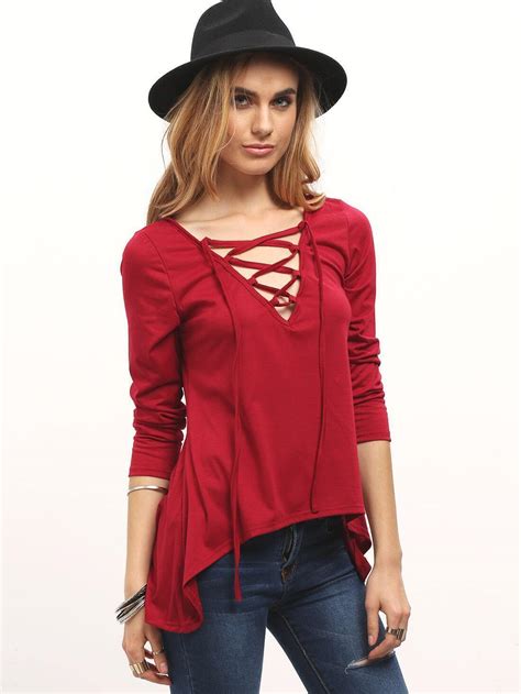 Red V Neck Lace Up Loose T Shirt SheIn Sheinside