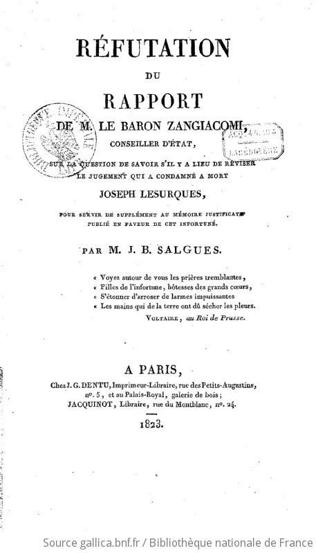 R Futation Du Rapport De M Le Bon Zangiacomi Sur La Question De