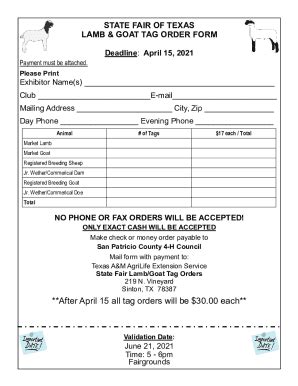 Fillable Online STATE FAIR OF TEXAS LAMB GOAT TAG ORDER FORM Fax