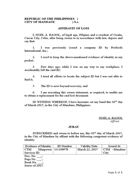 Affidavit Of Loss Company Id Sample Hq Printable Documents Hot Sex