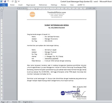 Surat Keterangan Kerja Word